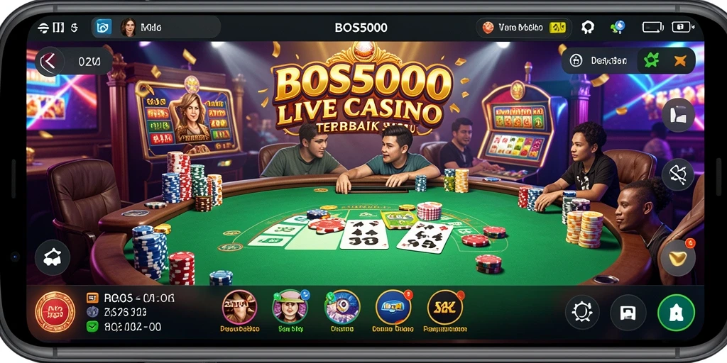 Screenshot gameplay BOS5000 yang menampilkan dealer langsung dan suasana kasino.