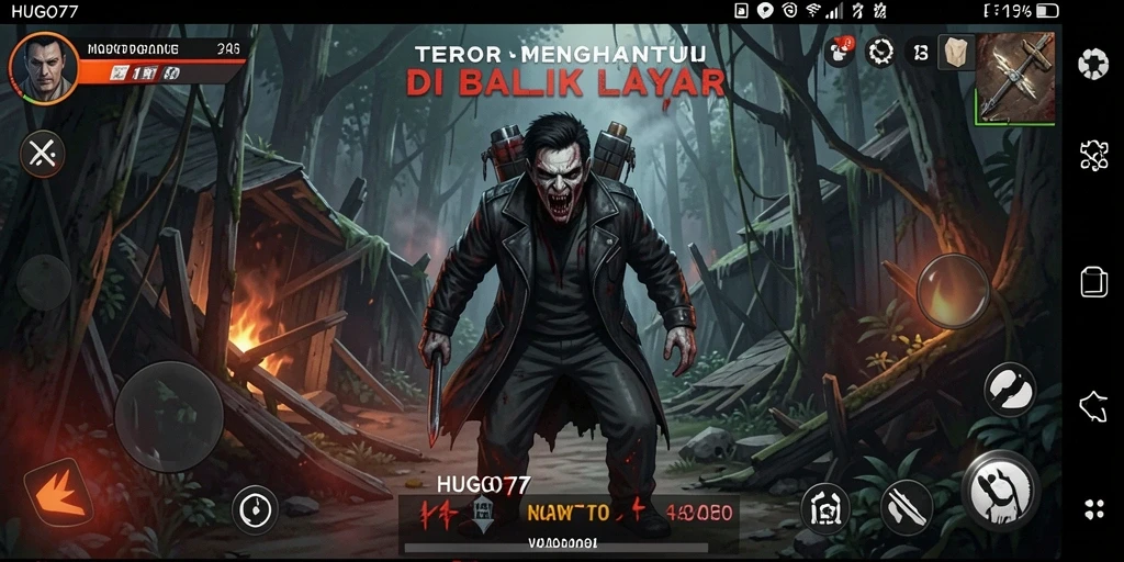 Tangkapan layar HUGO77 menampilkan suasana gameplay yang mencekam dan penuh misteri.